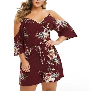Women Plus Jumpsuit Casual V-Neck Leakage Shoulder flowers Loose boho Romp 4XL.